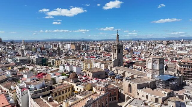 La Reina Square At Valencia Valence Community Spain. Bustling Downtown Cityscape With Modern Buildings. Industry Landscape Buildings Stunning. Industry Urban. Valencia valence community.