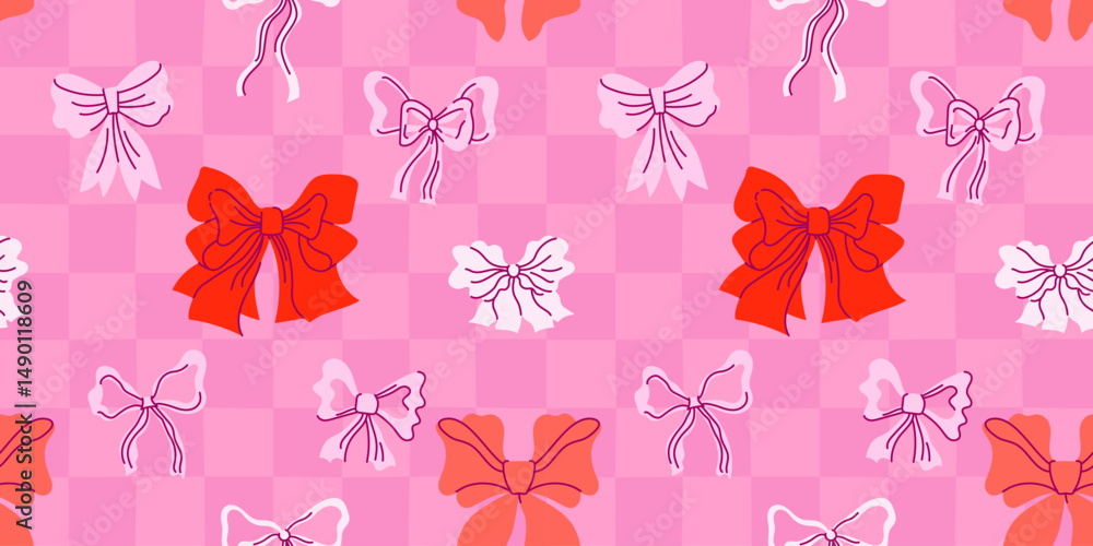 Poster vector seamless pattern with hand drawn ribbons and. bow, abstract feminine background for textile, 