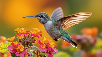 Fototapeta premium Hummingbird in flight, vibrant flowers