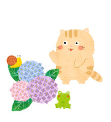 紫陽花の花とかえるとカタツムリとねこ　クレヨンタッチ
