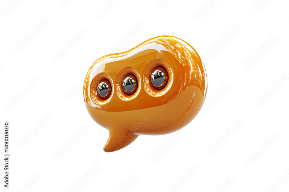 Poster orange speech bubble with three metallic circular elements embedded within its surface, isolated on 
