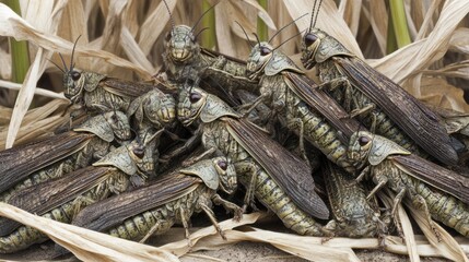 Grasshoppers swarming in dry grass field