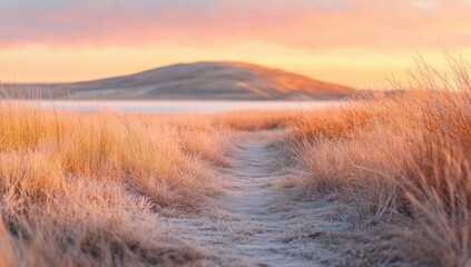 A path through frosted grass at sunrise.  Golden light bathes a grassy trail leading to a hazy mountain range beyond a tranquil lake.  Pale frost covers the ground