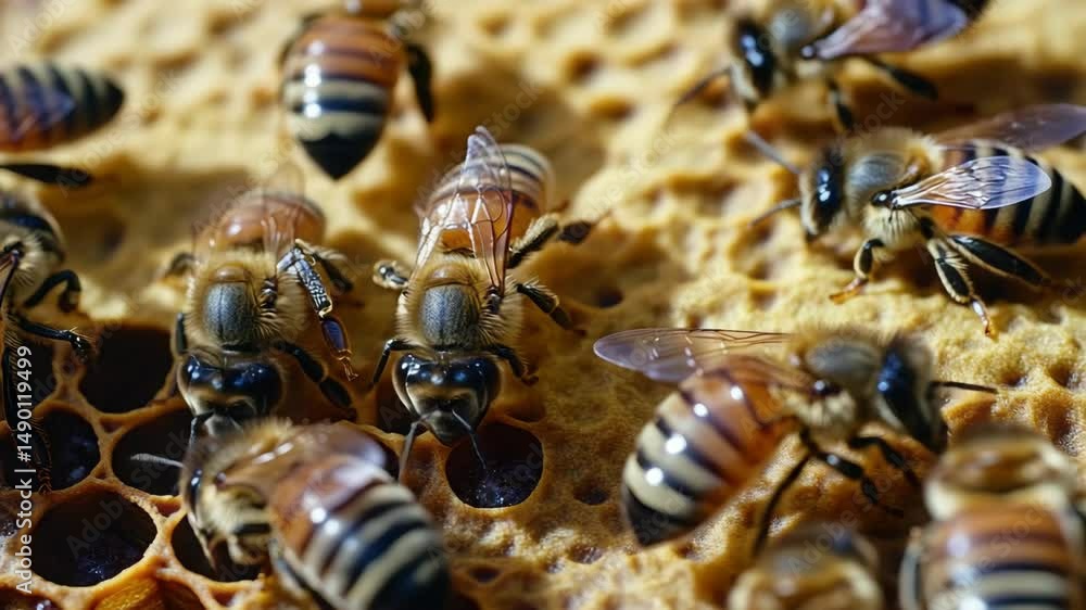 Aufkleber a group of bees are gathered on a yellow surface. the bees are of different sizes and colors, with s
