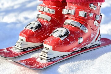 Fototapeta premium Red ski boots on snowy slopes