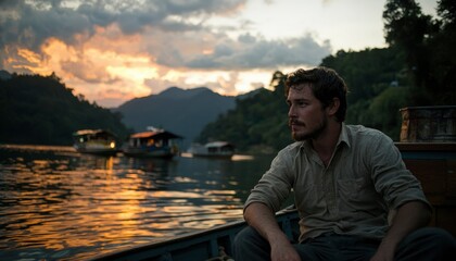 Man on a boat at sunset