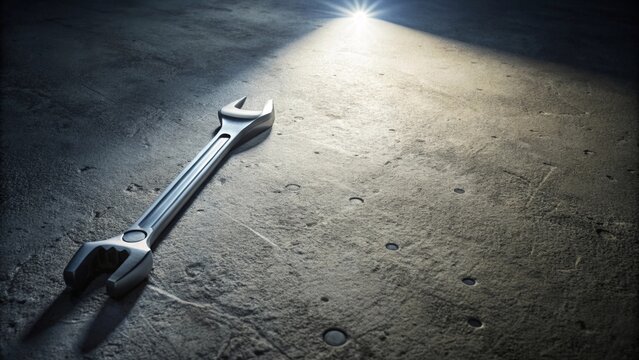 A lone wrench rests on a textured surface, illuminated by a dramatic spotlight, symbolizing readiness for repair and maintenance tasks