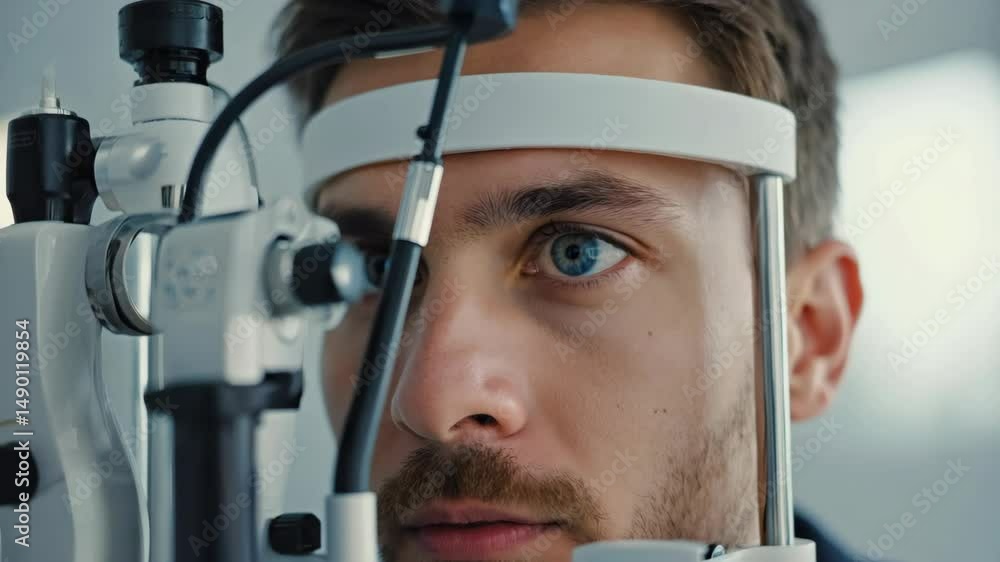 Poster a man is getting his eyes checked by an optometrist. the optometrist is using a machine to check the