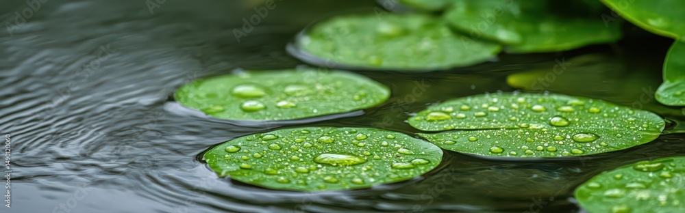 Poster still water with soft reflections and floating dew on green lily pads in tranquil natural setting