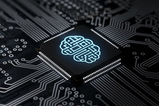 Close-up of a circuit board with a glowing brain icon on a microchip, symbolizing artificial intelligence, technology, and innovation - Powered by Adobe