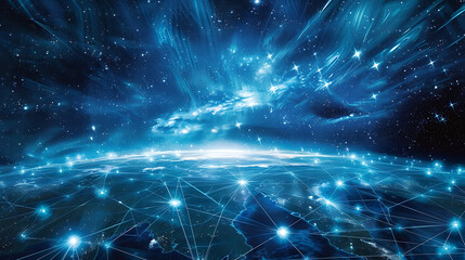 Fototapeta premium Interconnected World A Vision of Global Communication and Technology Networking Across Continents, Illuminated by the Glow of Digital Connectivity and Starlight