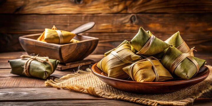 Traditional Brazilian pamonha on wooden table , wood, rustic,  wood, rustic, cultural heritage