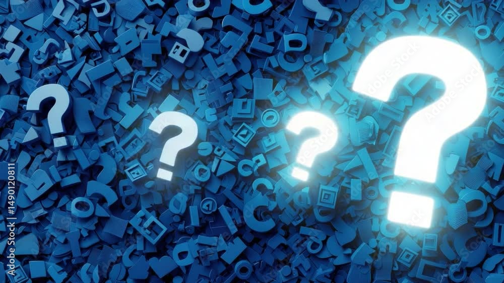 Poster blue background filled with colorful question marks and various symbols for conceptual inquiry and c