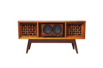 Vintage stereo cabinet with wooden finish, dual speakers and geometric pattern grills, isolated on a transparent background
