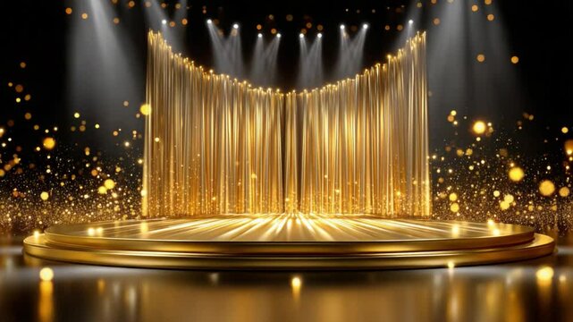 Golden Stage of Triumph: A luxurious stage, adorned in gold, awaits a moment of grandeur, illuminated by spotlights, exuding elegance, sophistication, and the promise of unforgettable memories.