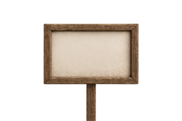 Wooden framed sign with aged paper surface mounted on a stick, isolated on a transparent background