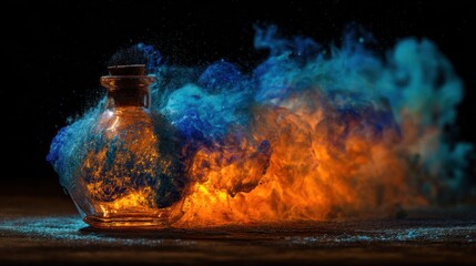 Bottle in dramatic flames and smoke