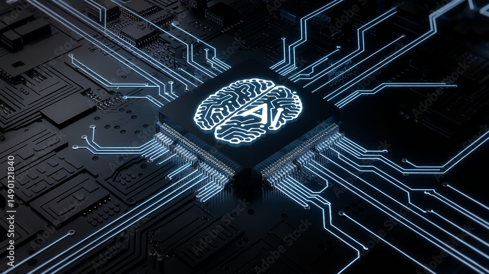Poster close-up of a circuit board with a glowing brain-shaped ai symbol in a processor, symbolizing artifi