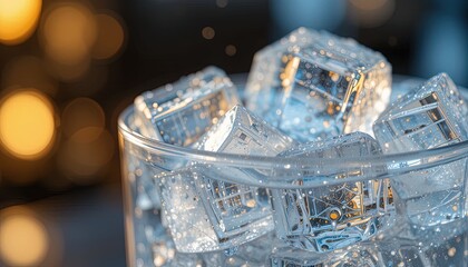 Close-up view of ice cubes in a glass.