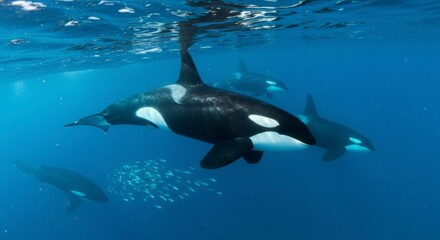 Fototapeta premium Orcas swimming underwater, surrounded by fish