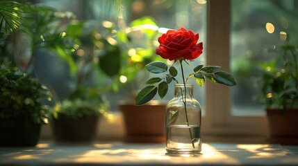 Red rose in a clear glass vase on a windowsill, surrounded by greenery