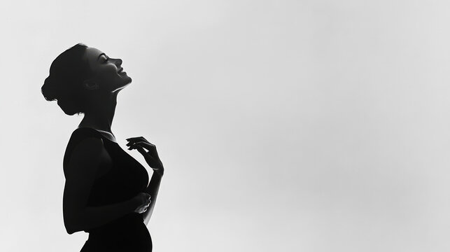 Side profile of woman in monochrome tones, dramatic lighting, postcard, feel free, emotional moment