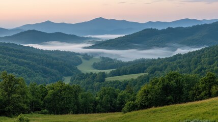 Obraz premium Stunning Sunrise Over a Misty Valley Surrounded by Mountains and Lush Green Forests