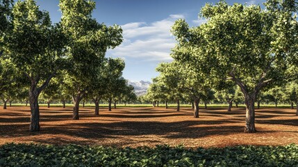 Sunny orchard trees, mountains background, agriculture