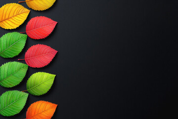 Obraz premium Vibrant autumn leaves spread across a solid black background highlighting the beauty of nature’s seasonal change