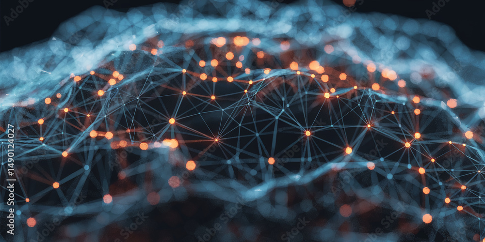 Poster abstract image of interconnected nodes and lines, creating a network effect with blue and orange hue
