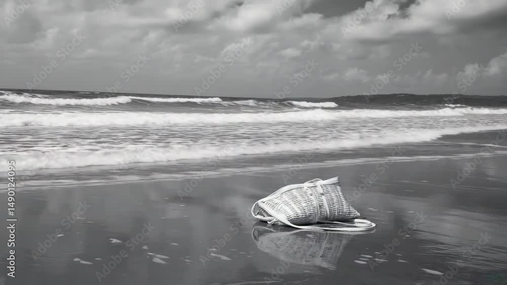 Poster a beach scene with a white bag laying on the sand. the bag is the only object and it is the only thi