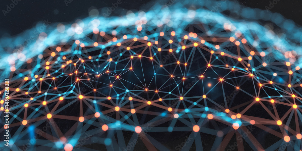 Poster abstract image of interconnected nodes and lines, glowing orange and blue, forming a network structu