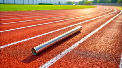 A metallic baton rests on a running track, bathed in sunlight, ready for the next relay race.