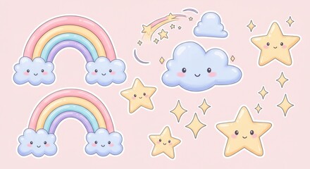 Cute cartoon rainbow cloud and star illustration set