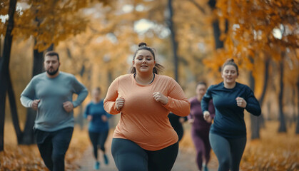 Team of young plus-size men and women running together in the park, training outdoors in autumn. Generated image