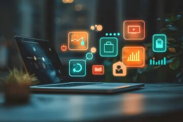 Laptop on a desk with glowing digital icons.