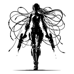 A black and white silhouette of a cyborg woman with a weapon on a white isolated background. Vector graphics. EPS.