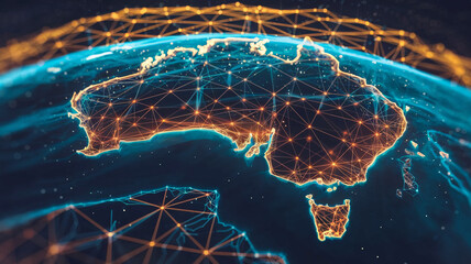 Stylized globe depiction, Australia highlighted by glowing network lines, symbolizing global connectivity, digital infrastructure, and data flow