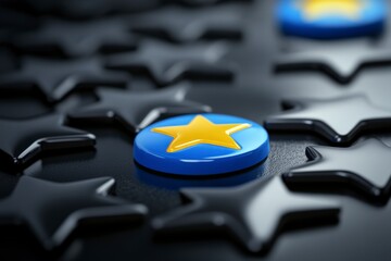 Blue button with star among black stars on dark surface.