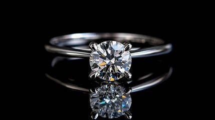 Elegant diamond solitaire ring on black background shiny jewelry luxury art gold macro white metal