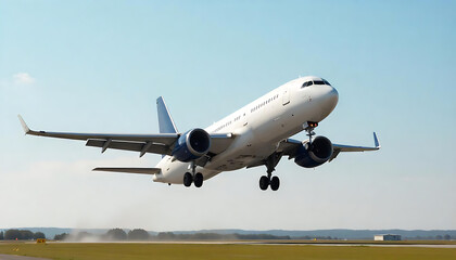 Naklejka premium A stunning shot of a passenger jet taking off from the runway, soaring into the sky.