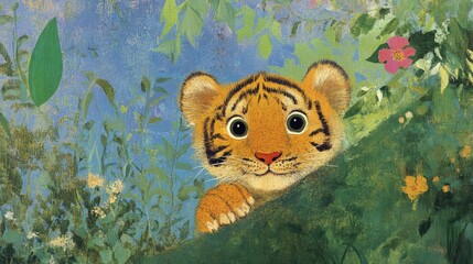 Tiger cub hiding in lush foliage illustration