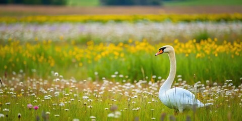 Obraz premium Gr?n sind die Wiesen with a lone swan in the foreground amidst lush green meadows and wildflowers, wildflowers, flora