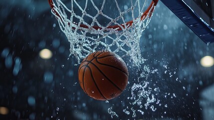 Wet basketball swishing through net dynamic action shot game goal dark team dunk water court score