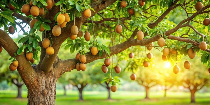 A shea tree in a lush green forest with its fruit hanging from the branches