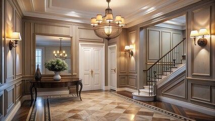 Elegant foyer with a stunning ceiling lamp casting warm light on the walls and floor, creating a cozy ambiance for relaxation and socializing, ambiance, foyer
