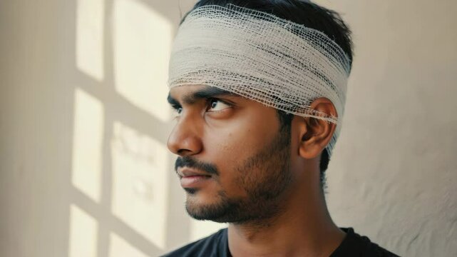 A man with a bandaged head is looking at the camera. Concept of vulnerability and discomfort, as the man's bandaged head suggests that he may have recently experienced an injury or medical procedure