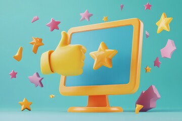 3D hand gives thumbs up on colorful digital screen.