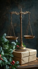 Antique brass scales of justice on a wooden surface.