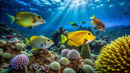 Naklejka premium Vibrant Reef Ecosystem Sunlit Underwater Scene Showcasing Diverse Marine Life and Coral Formations
